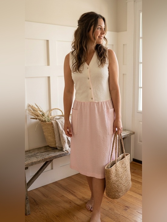 Dresses & Skirts - 70’s Vintage Sleeveless Pink & Cream Midi Dress with Button Front Medium